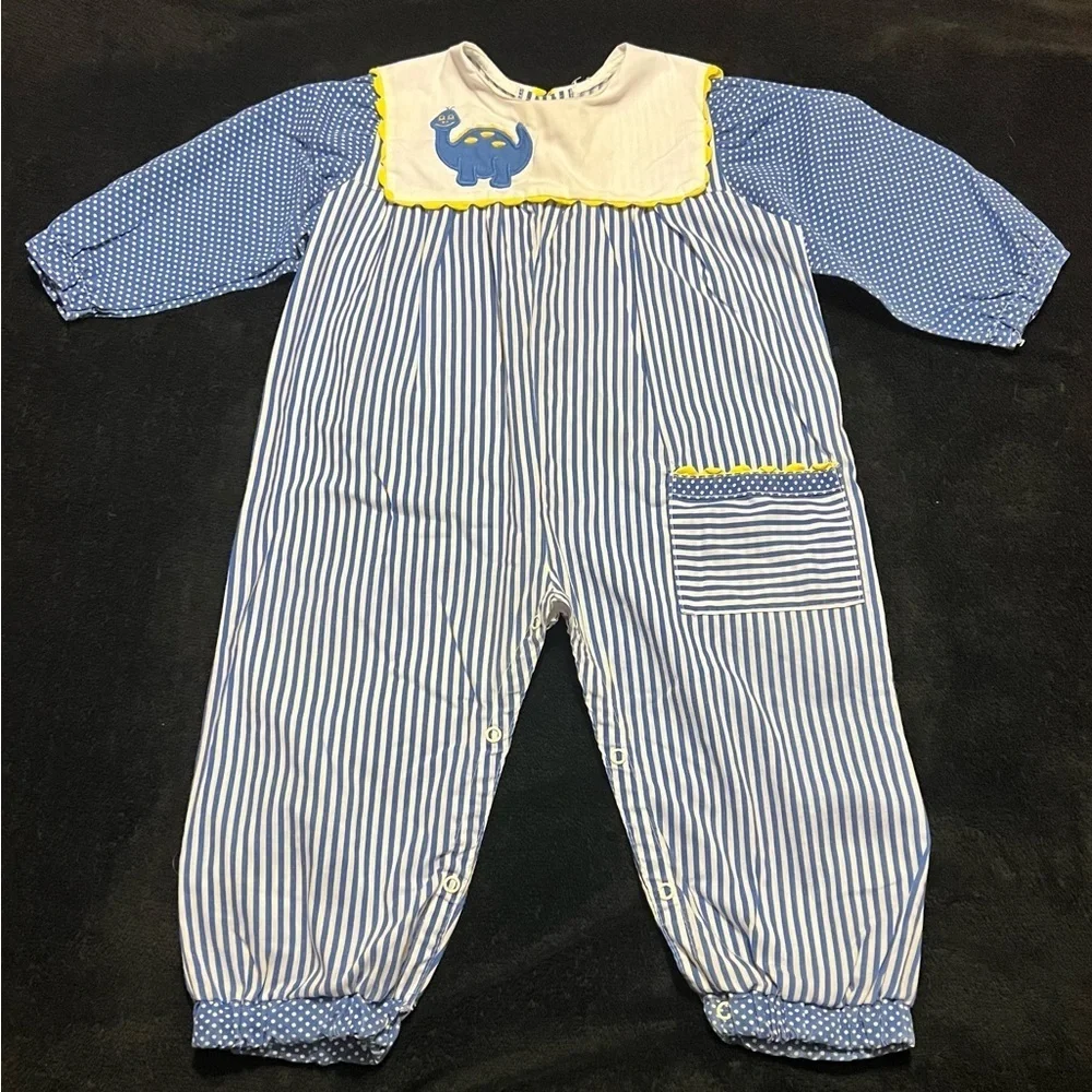 *True Vtg 70’s 2T/3T Baby Boy Home Sewn Blue & White Striped Romper w/ Dinosaur